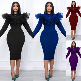 Casual Dresses Spring Mid Calf Midi Dress Women Clothing Long Sleeve Shirt Collar Mesh Ruffles Pencil Zip Up High Waist Bodycon Vestidos