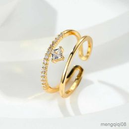 Band Rings Simple Female Hollow Square Open Ring Classic Gold Color Engagement Dainty White Zircon Wedding For Women