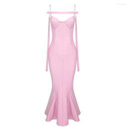 Casual Dresses Pink Colour Women Sleeveless Sexy Strap Bodycon Mid-calf Dress Bandage Fashion Girls' Cute Birthday Party Celebrate