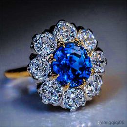 Band Rings Luxury Female Ladies Blue Round Ring Yellow Gold Zircon Finger Promise Wedding Engagement For Women