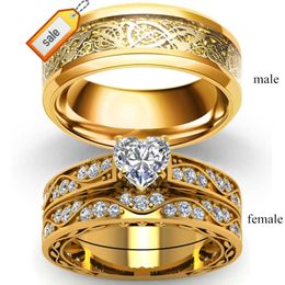 3pcs Fashion Jewellery 18k Gold Colour Dragon Pattern Stainless Steel Couple Rings Zircon Heart Wedding Ring Set for Bridal