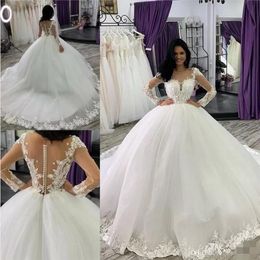 Aso Ebi Long Sleeves Ball Gown Dubai Wedding Dresses Sheer Crew Neck Lace Appliques Beaded Vestios De Novia Bridal Gowns with Butt329B