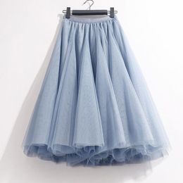 skirt High Waist Solid Midi Pleated Tulle Skirt Aline Mesh Tutu Skirts Womens 2022 Spring Summer