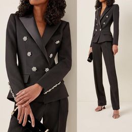 Women's Two Piece Pants Solid Color Women Suit Snowflake Button Black Jacket Trousers 2 Pcs Slim Fitted Lady Business Formal Pantsuits