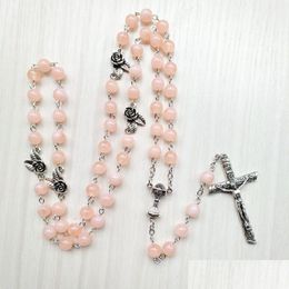 Pendant Necklaces Catholic Cross Rosary Necklace Vintage Flower Pink Acrylic Beads Strand Long For Men Women Drop Delivery Jewellery Pe Dh4Dg
