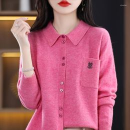 Women's Knits BELIARST 2023 Spring Women's Merino Wool Cardigan Fashion Korean Embroidery POLO Collar Shirt Female Jacket Tops