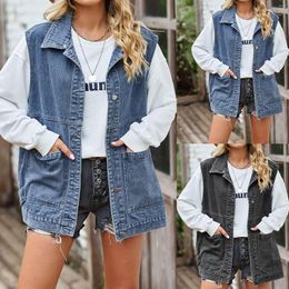 Women's Vests Woman Fashion Casual Denim Vest Medium Long Coat Turn Down Collar Sleeveless Jacket Rave Outerwear