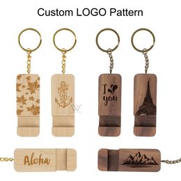 Thanksgiving Gift Wood Metal Keychain Double Side Holder Bamboo Keyrings Keyholder