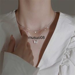 Pendant Necklaces Fashion New Shiny Butterfly Necklace For Women Stainless Steel Animal Double Layer Clavicle Chain Pendant Necklaces Jewellery Gift J230601