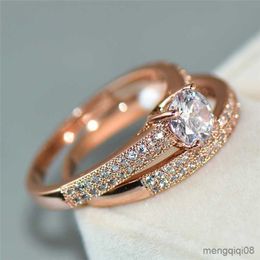 Band Rings Luxury Female Crystal Zircon Wedding Ring Set Rose Gold Filled Fashion Jewelry Promise Love Engagement For Women