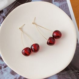 HHSPPF XY 2020 New Korean Cute Exaggerated Red Cherry Long Pendant Women Earrings Retro Resin Fruit Girl Wedding Jewelry