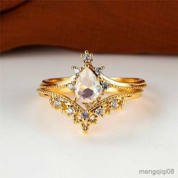 Band Rings Luxury White Oval Zircon set Ring Female Cute Flower Yellow Gold Colour Wedding Engagement For Women