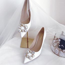 Dress Shoes Spring White Silk Face Rhinestone Pearl Pointed Bridal Wedding Stiletto Banquet Large Size Small Women Shoe