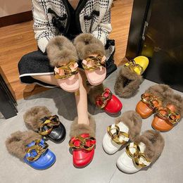 Sandals Slippers Women Fashion Metal Chain Toe-covered Half Flat Muller Shoes Autumn Bread in Winter Ladies 230417