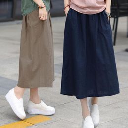 Dresses Skirts Woman Fashion 2022 New Cotton Allmatch Elastic Waist Midi Skirt Solid Color Simple Casual Women's Summer Aline Skirt