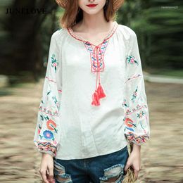Women's Blouses HStar Ethnic Floral Blouse Shirts Vintage Women Stream Tassel Pleated Shoulder Long Sleeve Loose Boho Tops