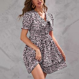 Summer Leopard Dress Womens Puff Short Sleeve Ladies Beach Party Dress Elegant Ruffle Bohemian Sundress Mini Dress Vestido Robe