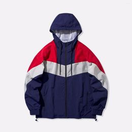 Men's Jackets Men Sports Jacket Hooded Stand Collar Windproof Cardigan Sun Proof Long Sleeve Sweatshirts Striped Contrasting Varsity Couple