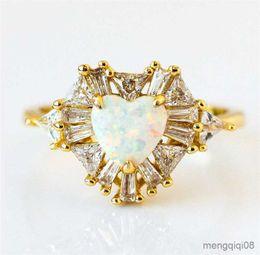 Band Rings Luxury Female White Crystal Heart Ring Charm Yellow Gold Wedding For Women Cute Bride Zircon Engagement