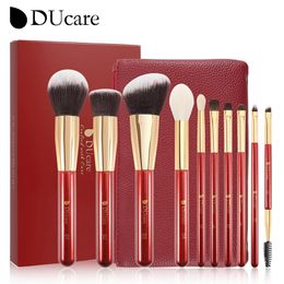 Brushes DUcare 10Pcs Red Makeup Brush Set Powder Eyeshadow Foundation Eyebrow Contour Blending Cosmetics Brushes maquillage with Bag