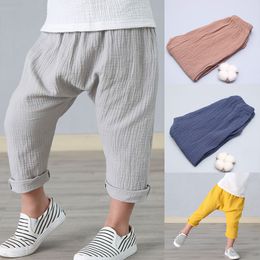 Kids Pants Boy Girl Summer Solid Colour Linen Pleated Trousers Children Ankle-length Pants for Baby Boys Pants Casual Harem Pants