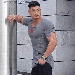 Men's T-Shirts Muscleguys Brand Extend Long T Shirt Men Fashion Vintage Hole Fitness Tshirt Summer Short Sleeve Gyms Slim Fit T-shirt Hip Hop T230601