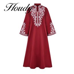 Dress New Style Women's Fashion Solid Color High Collar Flower Embroidery Ethnic Style Loose Waist Long Horn Long Sleeve Dress