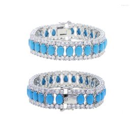 Link Bracelets White Gold Plated Colour Fashion High Quality Women Girl Jewellery Geometric Oval Shaped Blue Turquoises CZ Tennis