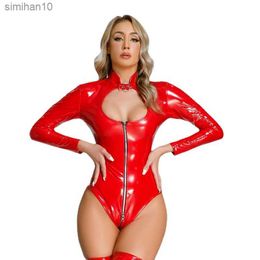 PVC Leather Sexy Lingerie Hollow Out Female Bodysuit Plus Size Zipper Women Erotic Underwear Ladies Latex Catsuit Sex L230518