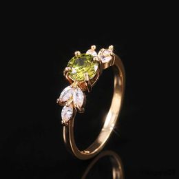Band Rings Delicate Women Wedding Ring Olive Green Round Zircon with Leave Shape Elegant Gold Color Girl Gift Trendy Jewelry