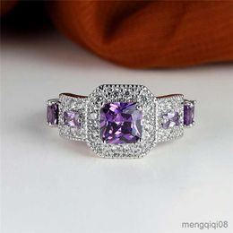 Band Rings Luxury Female Purple White Crystal Ring Classic Silver Color Engagement Metal Wedding For Women