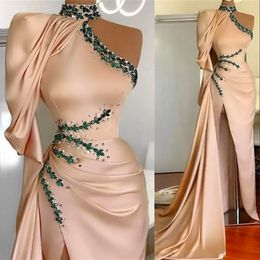 Champagne Prom Dresses High Neck Illusion Crystal Beads Side Split Satin Mermaid Long Sleeve Floor Length Party Dress Evening Gowns