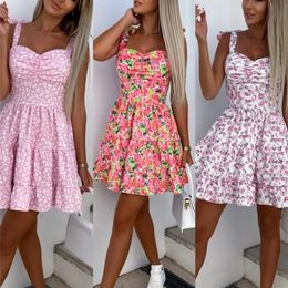 Basic Casual Dresses Summer Fashion Short Boho Dress Women Mini Floral Print Dress Female Sleeveless Hanging Belt Printed Waist Folded Dress 230531