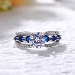 Band Rings Luxury Female Blue White Zircon Ring Promise Silver Color Engagement Charm Crystal Triangle Wedding For Women