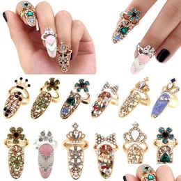 Band Rings Fashion Rhinestone Cute Bowknot Finger Nail Ring Charm Crown Flower Crystal Female Personality Art Resizable Knuckle Part Dhzgq