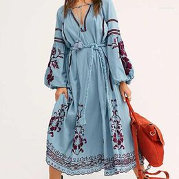 Casual Dresses 2023 Bohemian Women's Lantern Long Sleeve Holiday Beach Dress Embroidery Chic Midi Cotton Gypsy Mujer Vestidos