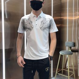 men t shirts designer polos Europe and America Slim Leopard Rhinestone Lapel Short Sleeve Polo Shirt