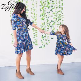 Family Matching Outfits ZAFILLE Spring Mom and daughter dress Blue Floral Print Mommy me Dress Look Mother Daughter Clothes 230601