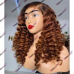 200 Density Transparent Full Lace Wig Bouncy Curly Golden Brown Blonde Human Hair 13x6 Lace Front Wig Side Part Pre Plucked Hairline 360 HD Lace Frontal Wig