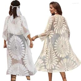 Women's Swimwear Women Beach Swimsuit Cover Up Embroidery Sunflower Lace V-Neck Kimono Cardigan