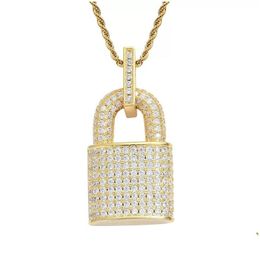 Pendant Necklaces Bling Diamond Cubic Zircon Lock Necklace Hip Hop Jewellery Set 18K Gold Padlock Stainless Steel Chain Fashion For Wo Dhafl