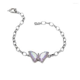 Charm Bracelets Silver Color Blue Pink Glass Pave Zircon Butterfly Chain Bracelet For Women