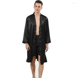 Men's Sleepwear Men's Silk Robe With Shorts 2pcs Suits Summer Long Sleeve Pyjamas Male Plus Size Kimono Bathrobe Nightgown