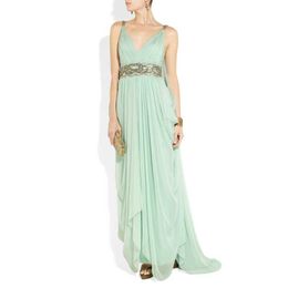 Dresses Greek Style Light Blue Beach Prom 2023 V-Neck Beaded Chiffon Evening A-Line Watteau Train Captain Elegant Party Dress P230531