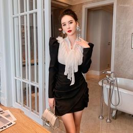 Casual Dresses Wome Summer French Vintage Y2k Mini Dress Women Black Elegant Lace Design Long Sleeve Evening Party Slim Korean