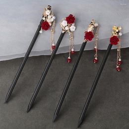 Hair Clips Red Rose Flower Hairpins Sticks Vintage Wood Chinese Stick Pins For Women Ornaments Jewelry Accessories ML