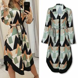 Abiti casual di base Hirigin Abito da camicia da donna Primavera Autunno Lady Cover Up Wave Print Manica lunga con scollo a V Abito casual da vacanza allentato Vestito estivo 230531