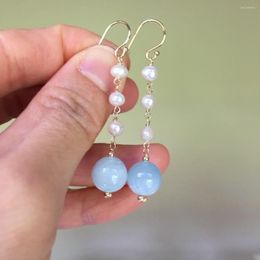 Dangle Earrings Original NaTURAL Aquamarine 10mm/Freshwater Pearl Earring/tassel 14K GOLD