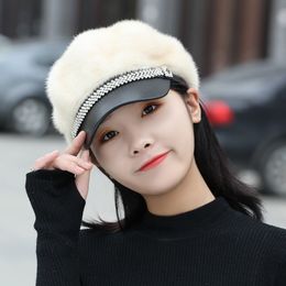 Women's Real Mink Fur Hat Peaked Headgear Dicer Beret Winter Warm Baseball Cap