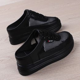 Womens Summer Shoes Platform Sports Mesh White Student Outdoor Casual Breathable Slippers Woman Mules Fashion Wedge Heels Black